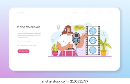 Voiceover web banner or landing page. Voice actor dubbing a movie or series. Audio book narrating and radio announcer. Character talking through the microphone at studio. Flat vector illustration