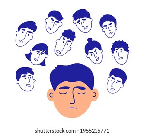 Voices In Head. Human Faces Talk Give Advice. Social Pressure, People Criticism, Bullying Concept. Boundaries Violation. Mental Addiction Of Crowd Opinion. Psychological Influence Vector Illustration