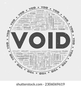 Void - round badge. Text void with keywords word clouds and circular text. Shady character color theme and grunge texture. Captivating vector illustration.
