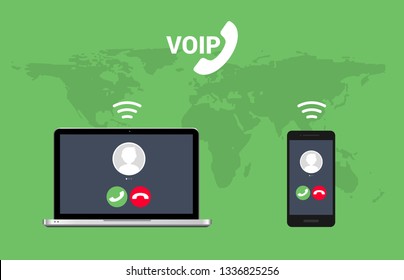 Voip call system voice phone technology. Voice over ip internet video telephony data cloud laptop and mobile cellphone.