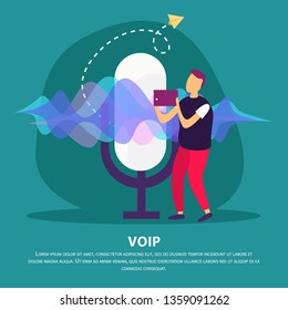 Voip communication flat background with man holding device with support voice over internet protocol service vector illustration