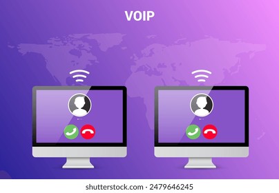 VoIP communication technology concept. Voice over Internet Protocol call on computer screens digital online call
