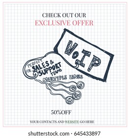 Voip doodle. Text saying "Perfect for sales and support teams. Multiple lines"