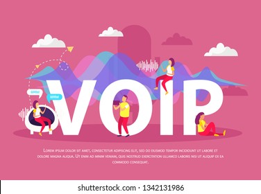 Voip flat background with people used voice over internet protocol service for communication in network vector illustration