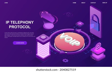 VOIP IP Concept. Modern Data Protection Protocols. Internet Security, Privacy. Concept Ip Telephony Landing Page, Network. Cartoon Volumetric Vector Illustration Isolated On Violet Background