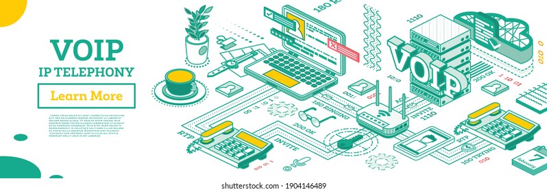 VOIP IP Telephony Services. Isometric Outline Concept. Configuration Scheme of System. IP Telephone, Router and Notebook. Devices with Support of IP Telephony. Vector Illustration.