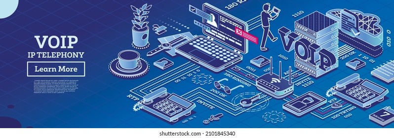 VOIP IP Telephony Services. Isometric Outline Concept. Configuration Scheme of System. IP Telephone, Router and Notebook. Devices with Support of IP Telephony. Vector Illustration.