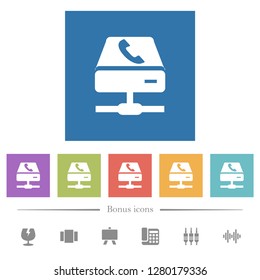 VoIP services flat white icons in square backgrounds. 6 bonus icons included.