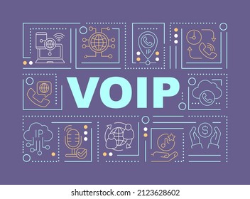 VOIP survive word concepts purple banner. IP telephony. Communication technology. Infographics with icons on color background. Isolated typography. Vector illustration with text. Arial-Black font used