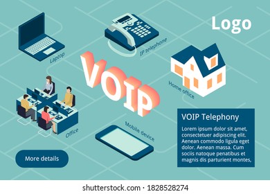 VoIP System Configuration Diagram In Isometric View.Website Page Template For An IP Company Showing The Advantages Of IP Telephony For Business-the Ability To Make Calls From A Laptop,home Office,etc.