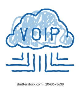 Voip-Technologie-Skizze Symbol Vektorgrafik. Handgezeichnete blaue Linie Art Voip Technology Zeichen. einzelne Symbolillustration