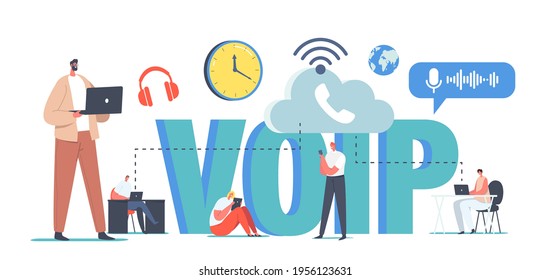 VOIP Technology, Voice over IP Concept. Characters Use Telephony, Telecommunication System, Telephone Communication via Cloud Storage. Wireless Network Connection. Cartoon People Vector Illustration
