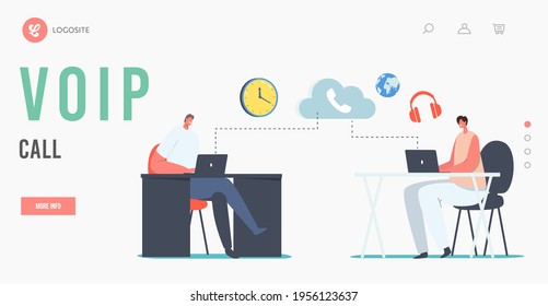 VOIP Technology, Voice over IP Telecommunication Landing Page Template. Characters Use IP Sitting at Office Desks. Telephone Communication via Cloud Connection. Cartoon People Vector Illustration