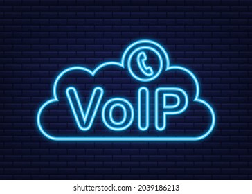 VoIP technology, voice over IP. Internet calling banner. Neon icon. Vector illustration.