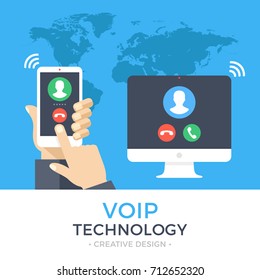 VoIP technology, voice over IP, IP telephony concept. Hand holding smartphone with outgoing call, computer with incoming call on screen. Internet calling banner. Modern flat design vector illustration