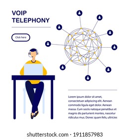 diagrama de configuración de telefonía VoIP en vista plana. Plantilla de página web de una empresa VOIP que muestra la posibilidad de telefonía IP para empresas - llamadas desde cualquier lugar del mundo.
