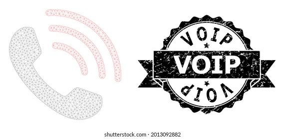 Voip textured seal imitation and vector phone call mesh model. Black stamp seal includes Voip title inside ribbon and rosette. Abstract flat mesh phone call, created from flat mesh.