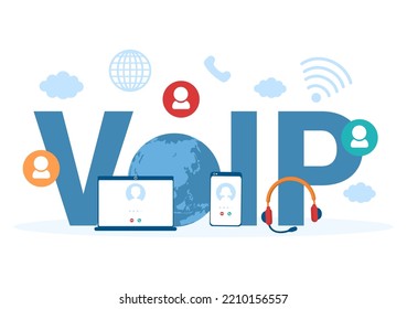 VOIP or Voice Over Internet Protocol with Telephony Scheme Technology and Network Phone Call Software in Template Hand Drawn Cartoon Flat Illustration