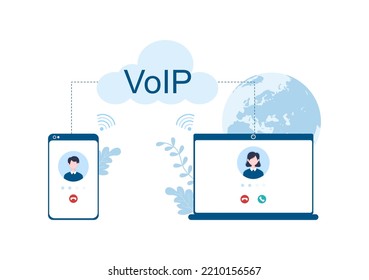 VOIP Or Voice Over Internet Protocol With Telephony Scheme Technology And Network Phone Call Software In Template Hand Drawn Cartoon Flat Illustration