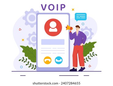 VOIP or Voice Over Internet Protocol Vector Illustration with Telephony Scheme Technology and Network Phone Call Software in Flat Background
