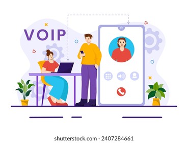 VOIP or Voice Over Internet Protocol Vector Illustration with Telephony Scheme Technology and Network Phone Call Software in Flat Background