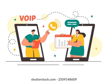 VoIP- oder Voice-Over-Internet-Protokoll-Vektorgrafik mit Telefonieschema-Technologie und Netzwerk-Telefonanrufsoftware auf flachem Hintergrund