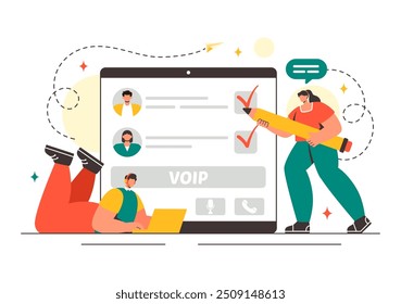 VOIP or Voice Over Internet Protocol Vector Illustration with Telephony Scheme Technology and Network Phone Call Software in Flat Background