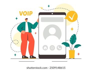 VOIP or Voice Over Internet Protocol Vector Illustration with Telephony Scheme Technology and Network Phone Call Software in Flat Background