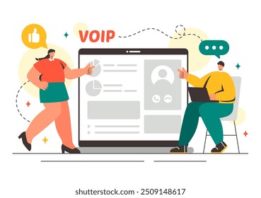 VOIP o Ilustración vectorial de protocolo de voz sobre Internet con esquema de telefonía Tecnología y software de llamadas telefónicas de red en fondo plano