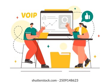 VOIP or Voice Over Internet Protocol Vector Illustration with Telephony Scheme Technology and Network Phone Call Software in Flat Background