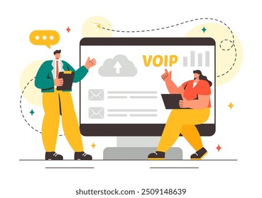 VOIP or Voice Over Internet Protocol Vector Illustration with Telephony Scheme Technology and Network Phone Call Software in Flat Background