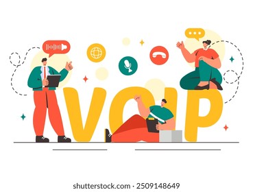 VOIP or Voice Over Internet Protocol Vector Illustration with Telephony Scheme Technology and Network Phone Call Software in Flat Background