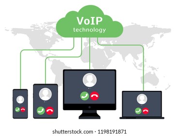 VoIP voice over IP illustration smartphone laptop network. Voip call flat concept design.