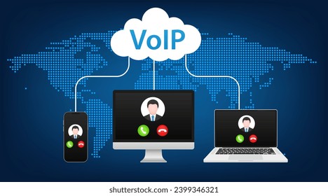 VoIP Voice over IP Illustration Smartphone Laptop Netzwerk. Voip nennen flaches Konzept Design. Voice over IP Internet Videotelefonie Daten Cloud Laptop und Handy. Vektorgrafik