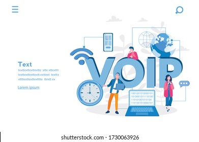 VOIP. Voice over IP or internet protocol technology. Vector illustration for web banner, infographics, mobile. Network phone call software. 