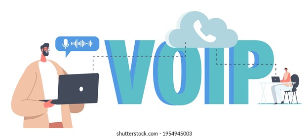 VOIP, Voice over IP Technology Concept. Zeichen verwenden drahtlose Telefonverbindung. Telekommunikationssystem, Telefonkommunikation über Cloud Storage oder Netzwerk. Vektorgrafik von Cartoon People