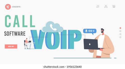 VOIP, Voice over IP Technology Landing Page Template. Characters Use Wireless Telephony Connection. Telephone Communication System via Cloud Storage or Network. Cartoon People Vector Illustration
