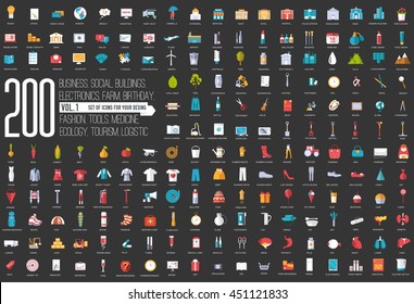 Vol 1. Flat big collection set icon of medical, invent, eco, architect, ranch, equipment, tool, tourism, travel, template, web, office, training, element, city, startup. For infographic illustration