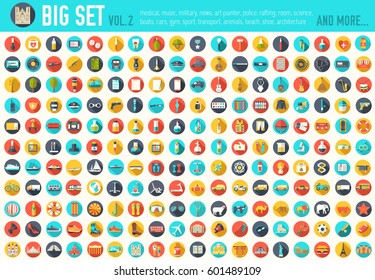 Vol 2. Flat big collection set icons of medical, army, tools, nature, building, home, office, chart, science, boat, sport, war, animal, summer, tool, country. For infographic illustration design