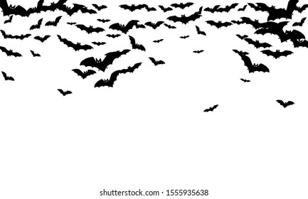 Volant black bats flock isolated on white vector Halloween background. Flittermouse night creatures illustration. Silhouettes of flying bats traditional Halloween symbols on white.