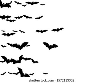 Volant black bats flock isolated on white vector Halloween background. Flittermouse night creatures illustration. Silhouettes of flying bats vampire Halloween symbols on white.
