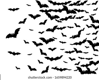 Volant black bats group isolated on white vector Halloween background. Flying fox night creatures illustration. Silhouettes of flying bats vampire Halloween symbols on white.