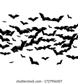 Volant black bats group isolated on white vector Halloween background. Rearmouse night creatures illustration. Silhouettes of flying bats vampire Halloween symbols on white.