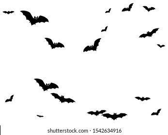 Volant black bats swarm isolated on white vector Halloween background. Flittermouse night creatures illustration. Silhouettes of flying bats vampire Halloween symbols on white.