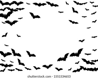 Volant black bats swarm isolated on white vector Halloween background. Flittermouse night creatures illustration. Silhouettes of flying bats vampire Halloween symbols on white.