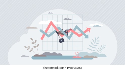 Volatile Market, Uncertainty In Economical Stock Graph, Tiny Person Concept. Financial Business Chart With Unstable Future Forecast Vector Illustration. Money Analysis And Global Trade Statistics.