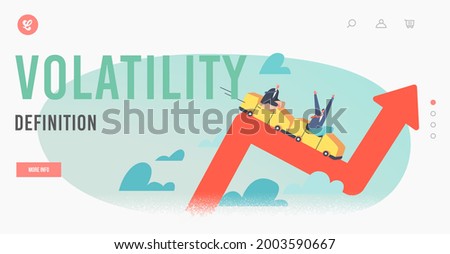 Volatility Definition Landing Page Template. Businessmen Characters Investors Riding Roller Coaster on Red Chart, Fall on Uncertainty, Volatile Up and Down Arrow. Cartoon People Vector Illustration