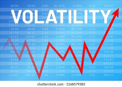 Volatility Index Graph On Blue Finance Background With Numbers, Red Arrow, Text