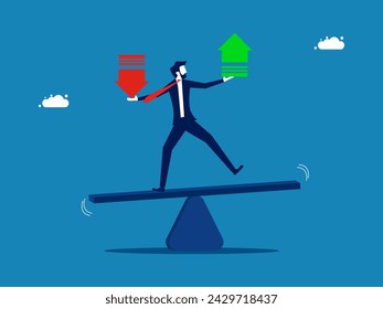 Volatility, losses and profits. Businessman balancing on seesaw holding up arrows and down arrows 