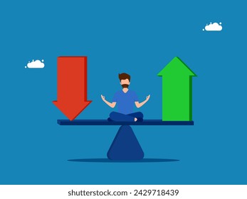 Volatility, losses and profits. man balancing on seesaw and up arrows and down arrows 